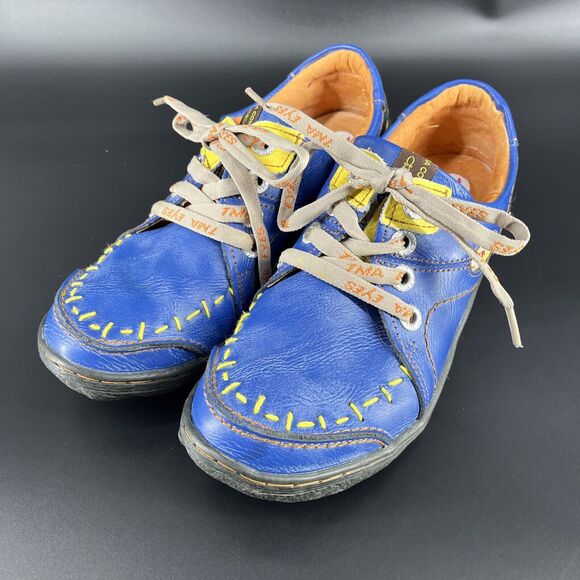 TMA Eyes Time Blue Leather Lace Up Sneakers Women’s 7 Yellow Stitching Shoes - Picture 1 of 16